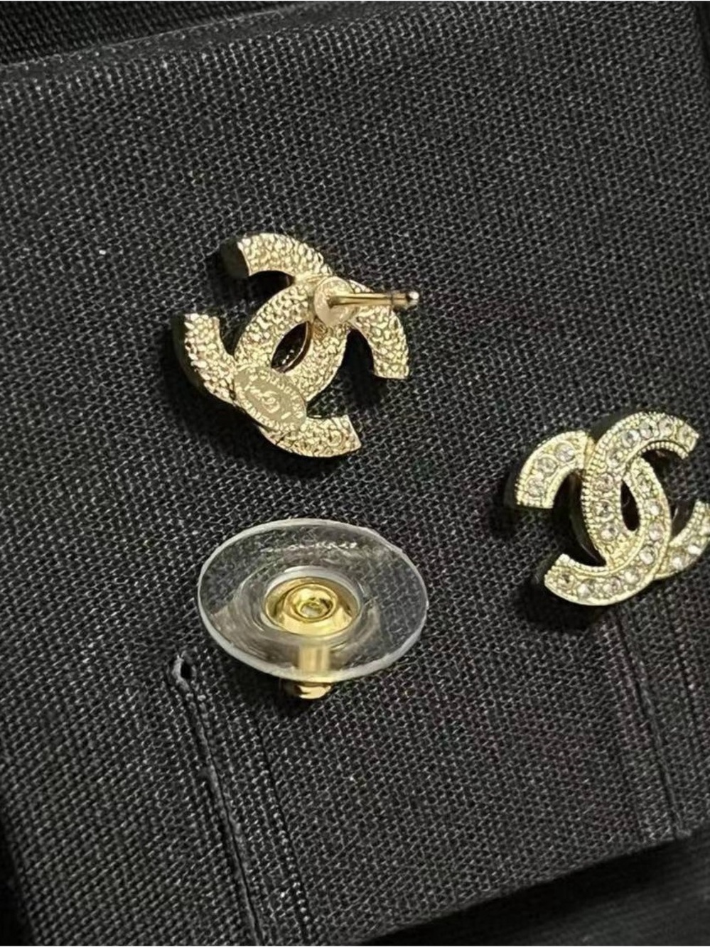 Fashion Chanel Gold Crystal CC Logo Stud Earrings - Picture 2 of 5